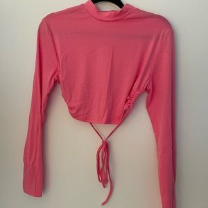 Mock neck pink backless long sleeve crop top